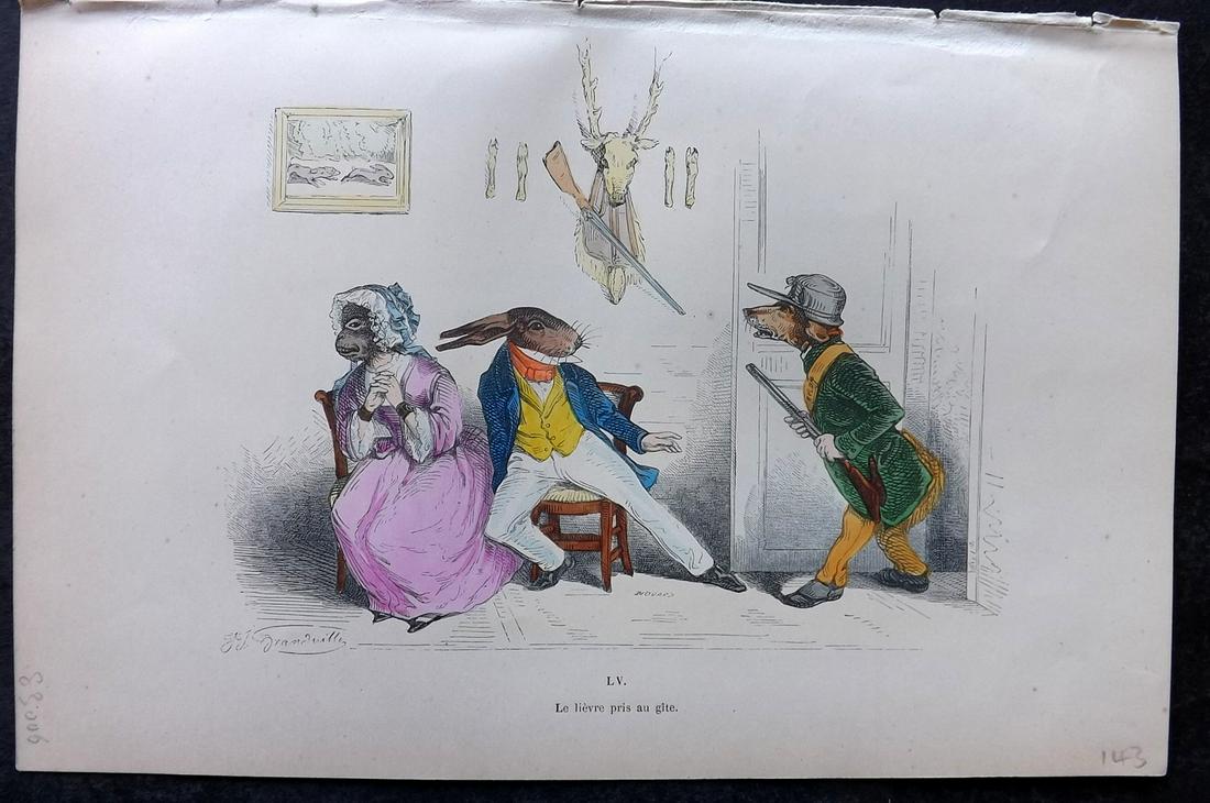 Grandville, J. J. 1869 HC Anthropomorphic Print. Le lievre pris au gite. Rabbit, Dog 55: Hand Colored Lithograph Published 1869, Paris for "Les Metamorphoses du jour par Grandville" by Jean Ignace Isidore Gérard (J. J. Grandville Pseud) Paper Size: 10 x 6.5 inch (25 x 17cm) Good Conditio