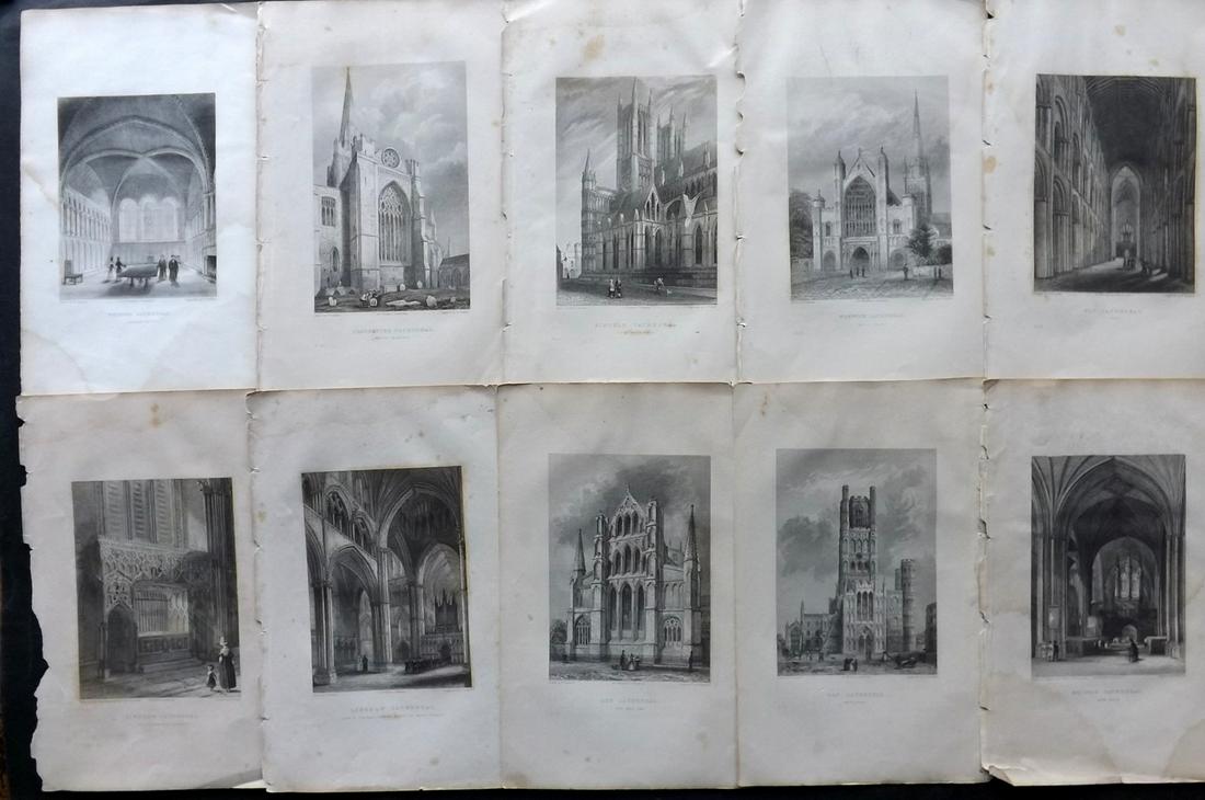 Winkles, Robert 1836 Set of 10 Prints. Cathedrals: Steel Engravings Published 1836-38, London for "Winkles's Architectural and Picturesque Illustrations of the Cathedral Churches of England and Wales" by Robert Garland Winkles. Paper Size: 10.5 x 7 in