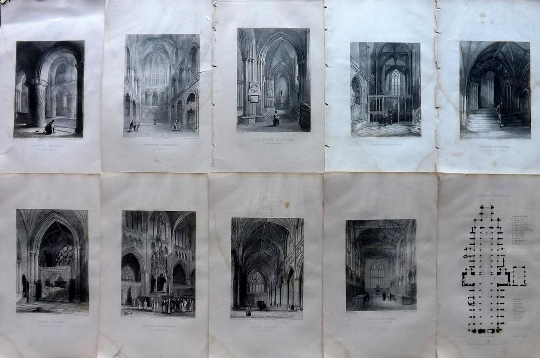 Winkles, Robert 1836 Set of 10 Prints. Cathedrals: Steel Engravings Published 1836-38, London for "Winkles's Architectural and Picturesque Illustrations of the Cathedral Churches of England and Wales" by Robert Garland Winkles. Paper Size: 10.5 x 7 in
