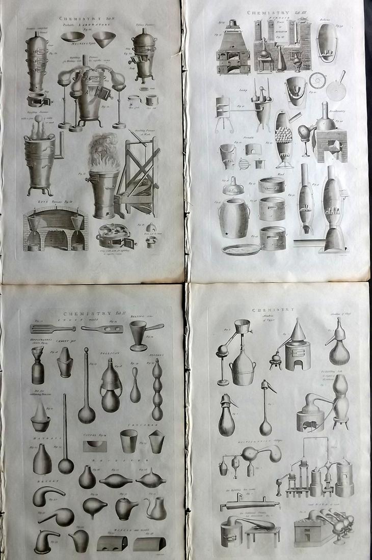 Chambers & Rees 1788 Lot of 4 Folio Prints. Chemistry: Folio Copper Plate Published 1788, London for "Cyclopaedia: Or, an Universal Dictionary of Arts and Sciences" by Ephraim Chambers and Abraham Rees. Paper Size: 16.5 x 10 inch (42 x 25cm) Good Conditio