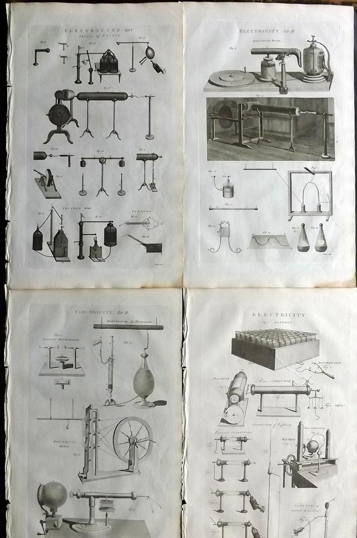 Chambers & Rees 1788 Lot of 4 Folio Prints. Electricity: Folio Copper Plate Published 1788, London for "Cyclopaedia: Or, an Universal Dictionary of Arts and Sciences" by Ephraim Chambers and Abraham Rees. Paper Size: 16.5 x 10 inch (42 x 25cm) Good Conditio
