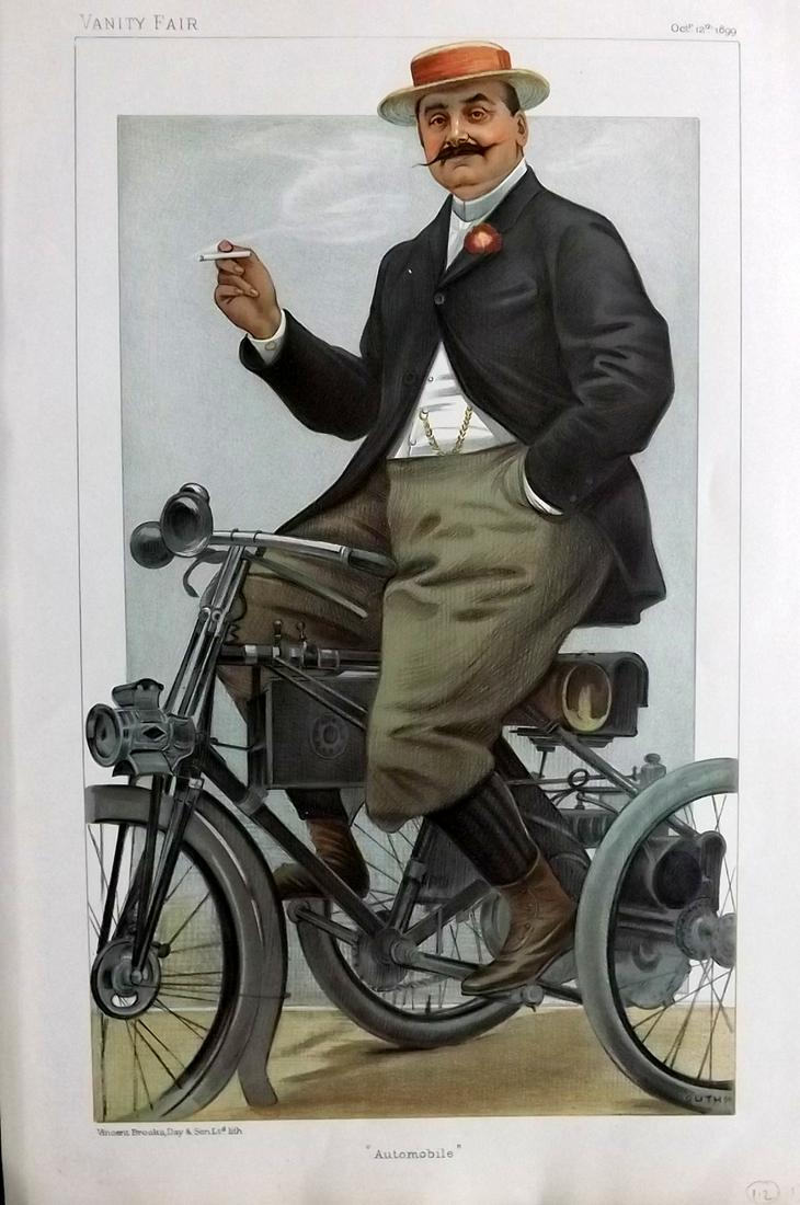 Vanity Fair Print 1899 Comte De Dion, Automobile: Chromolithograph Published 1869-1914, London for "Vanity Fair" Paper Size: 15 x 10 inch (38 x 25cm) Approx. Small top margin tear. Good Condition