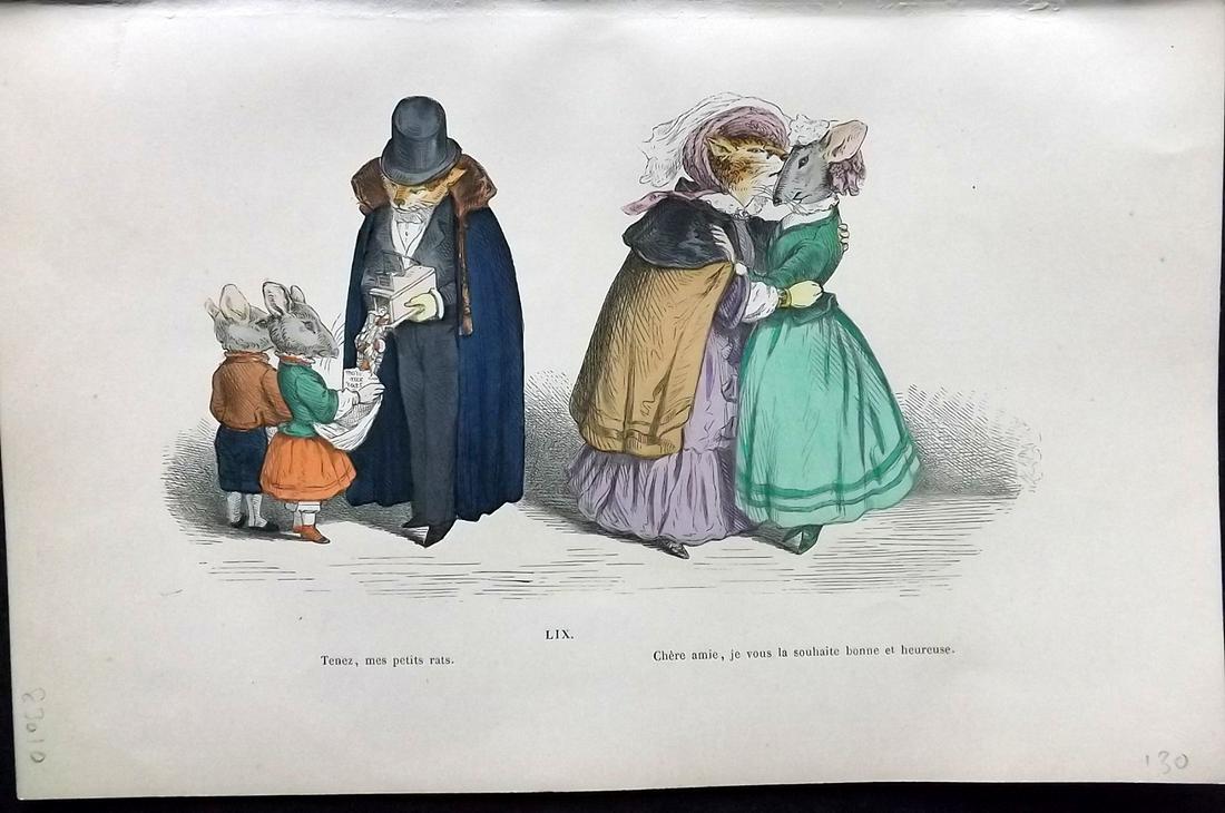 Grandville, J. J. 1869 HC Anthropomorphic Print. Tenez, mes petits Rats. Cats & Rats 59 (1 of 2)