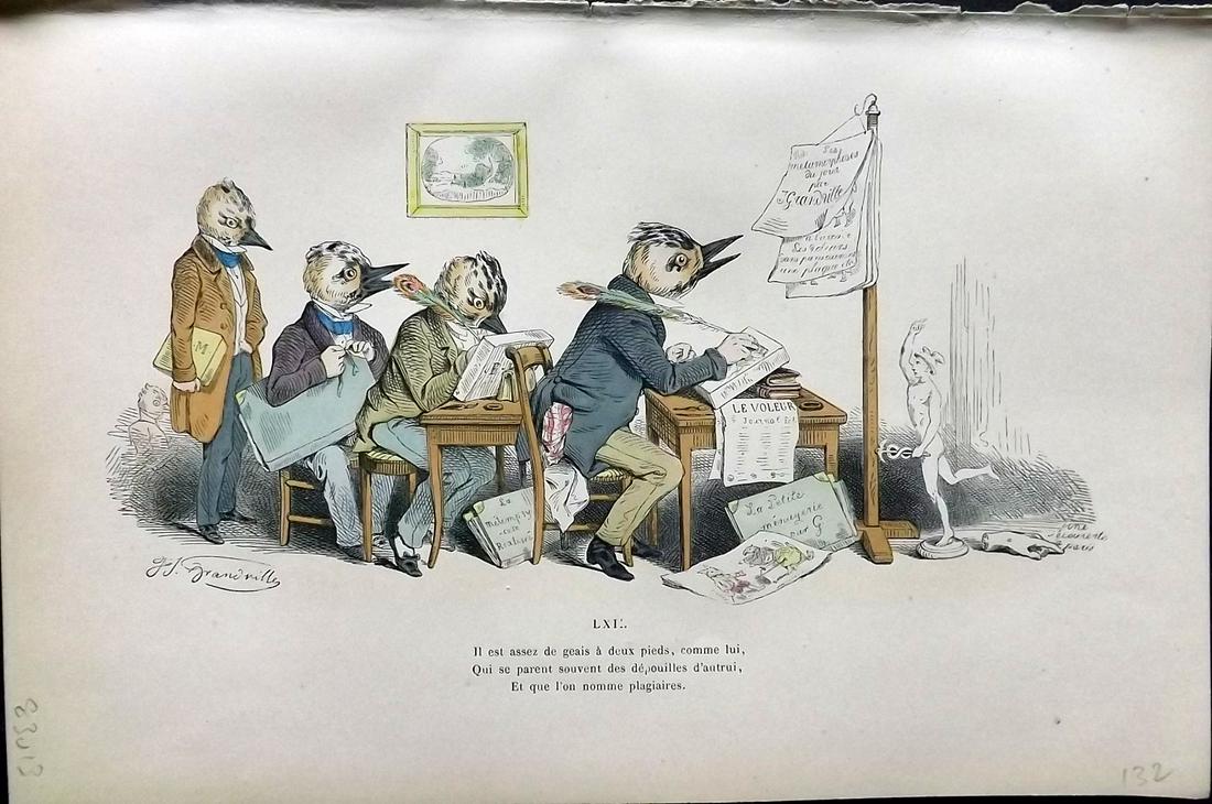 Grandville, J. J. 1869 HC Anthropomorphic Print. Il est assez de geais. Birds 62: Hand Colored Lithograph Published 1869, Paris for "Les Metamorphoses du jour par Grandville" by Jean Ignace Isidore Gérard (J. J. Grandville Pseud) Paper Size: 10 x 6.5 inch (25 x 17cm) Good Conditio