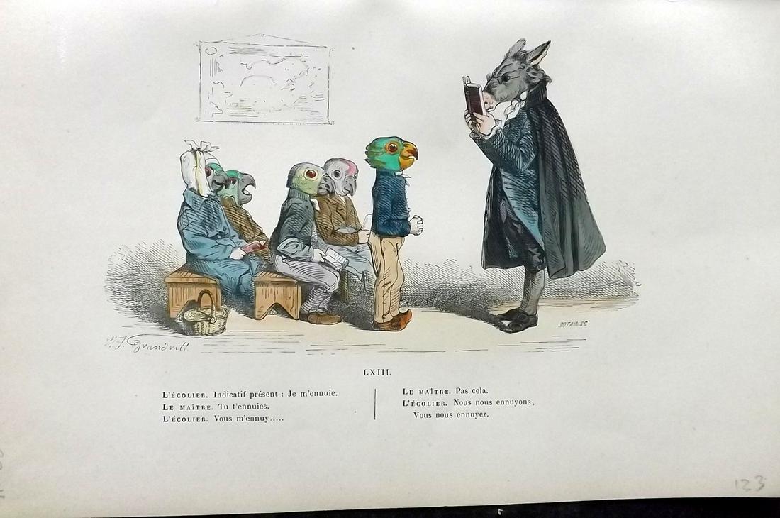 Grandville, J. J. 1869 HC Anthropomorphic Print. L'Ecolier Indicatif present. Donkey, Birds 63 (1 of 2)