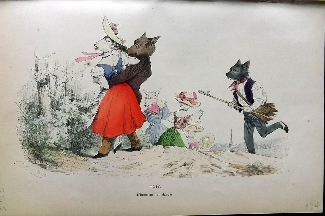 Grandville, J. J. 1869 HC Anthropomorphic Print. L'Innocence en danger. Dogs, Sheep 64 (1 of 2)