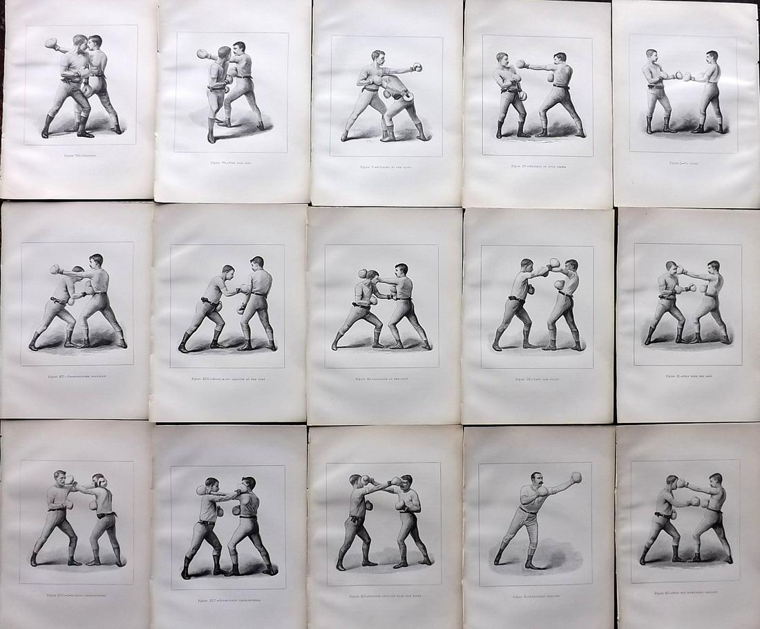 Badminton Library 1890 Lot of 15 Antique Boxing Prints: Lithographs Published 1890, London for "The Badminton Library of Sports and Pastimes..." by Walter H. Pollock, E. B. Michell, and Walter Armstrong. Paper Size: 7.5 x 5 inch (19 x 13cm) Good Condition