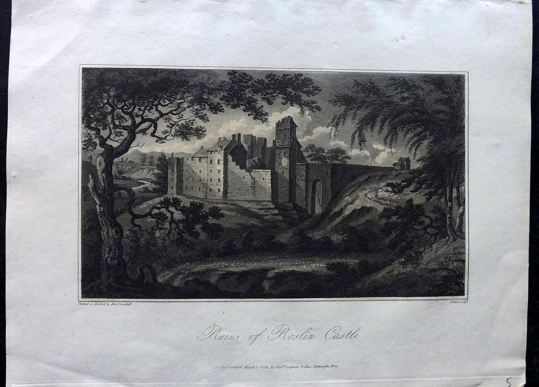 Campbell, Alexander 1802 Print. Rosslyn Castle, Scotland: Aquatint Published 1802, London for "A Journey from Edinburgh Through Parts of North Britain" by Alexander Campbell. Paper Size: 10 x 8 inch (26 x 21cm) Good Condition