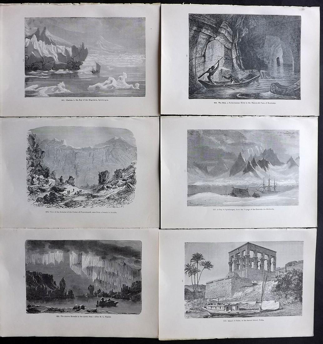 Pouchet, F. A. 1909 Lot of 6 Antique Prints. Views: Incl Spitzbergen, Mexico, Kentucky, Egypt and Acrtic. Wood Engraving (Reverse side blank) Published 1909, London for "The Universe: Or, The Infinitely Great and The Infinitely Little" by F. A. Pouchet