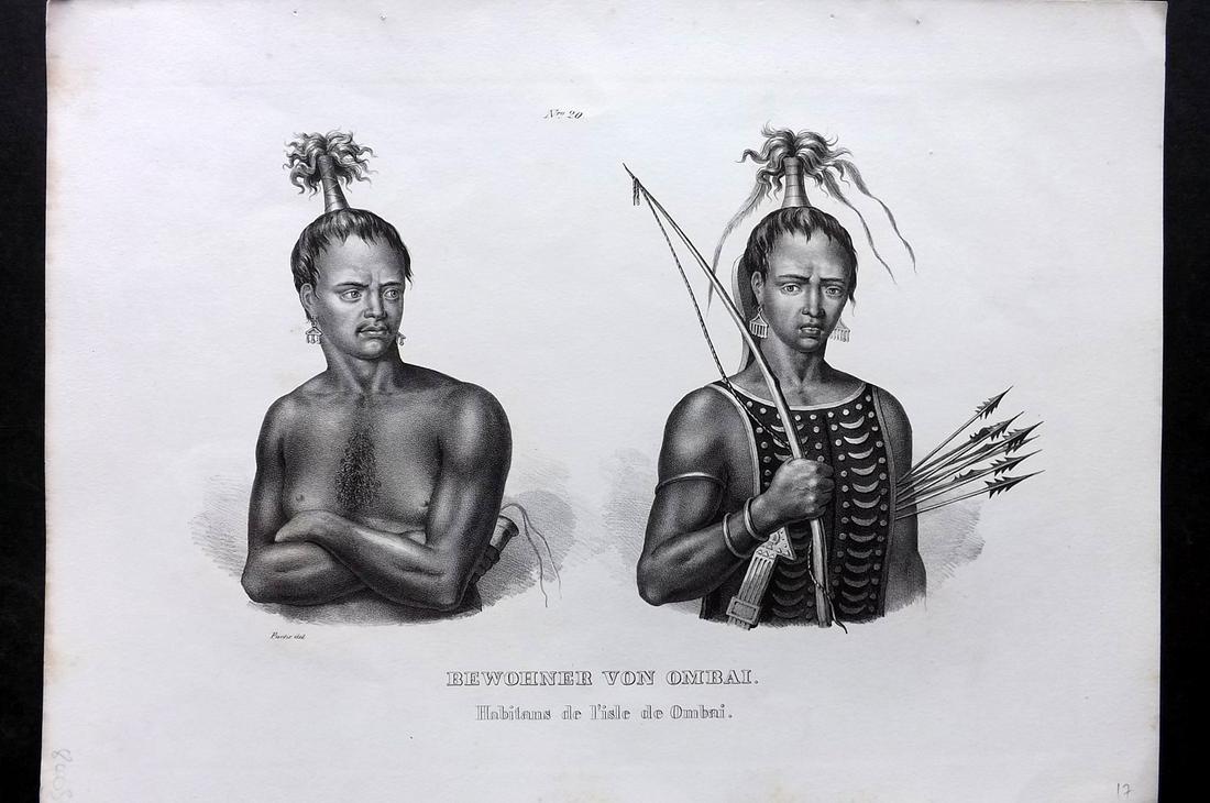 Schinz & Brodtmann C1840 Folio Print. Bewohner der Insel Timor. Indonesia 34: Folio Lithograph Published 1834-45, Zurich for "Naturgeschichte und Abbildungen der Menschen..." by Heinrich Rudolph Schinz. Lithographed by Karl Joseph Brodtmann. Paper Size: 14.5 x 10.5 inch (37 x 2