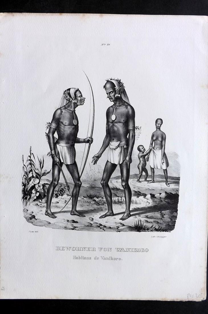 Schinz & Brodtmann C1840 Folio Print. Bewohner v. Tondano. Indonesia 22: Folio Lithograph Published 1834-45, Zurich for "Naturgeschichte und Abbildungen der Menschen..." by Heinrich Rudolph Schinz. Lithographed by Karl Joseph Brodtmann. Paper Size: 14.5 x 10.5 inch (37 x 2