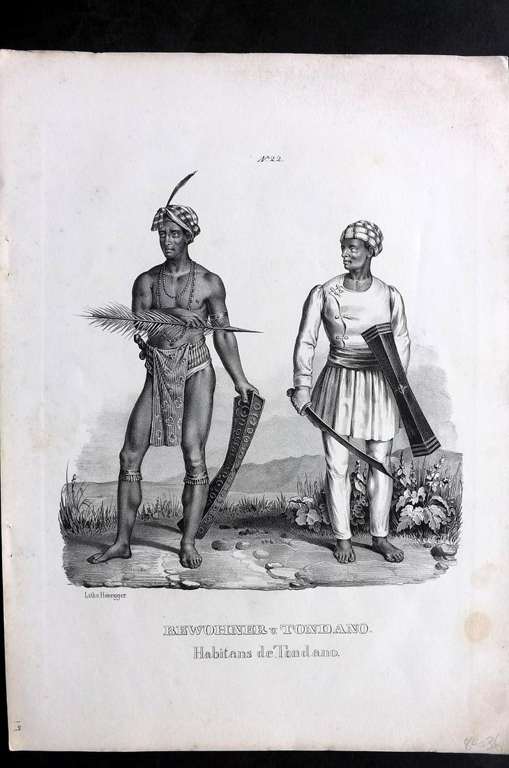 Schinz & Brodtmann C1840 Folio Print. Bewohner von Ombai 20 Indonesia East Indies: Folio Lithograph Published 1834-45, Zurich for "Naturgeschichte und Abbildungen der Menschen..." by Heinrich Rudolph Schinz. Lithographed by Karl Joseph Brodtmann. Paper Size: 14.5 x 10.5 inch (37 x 2