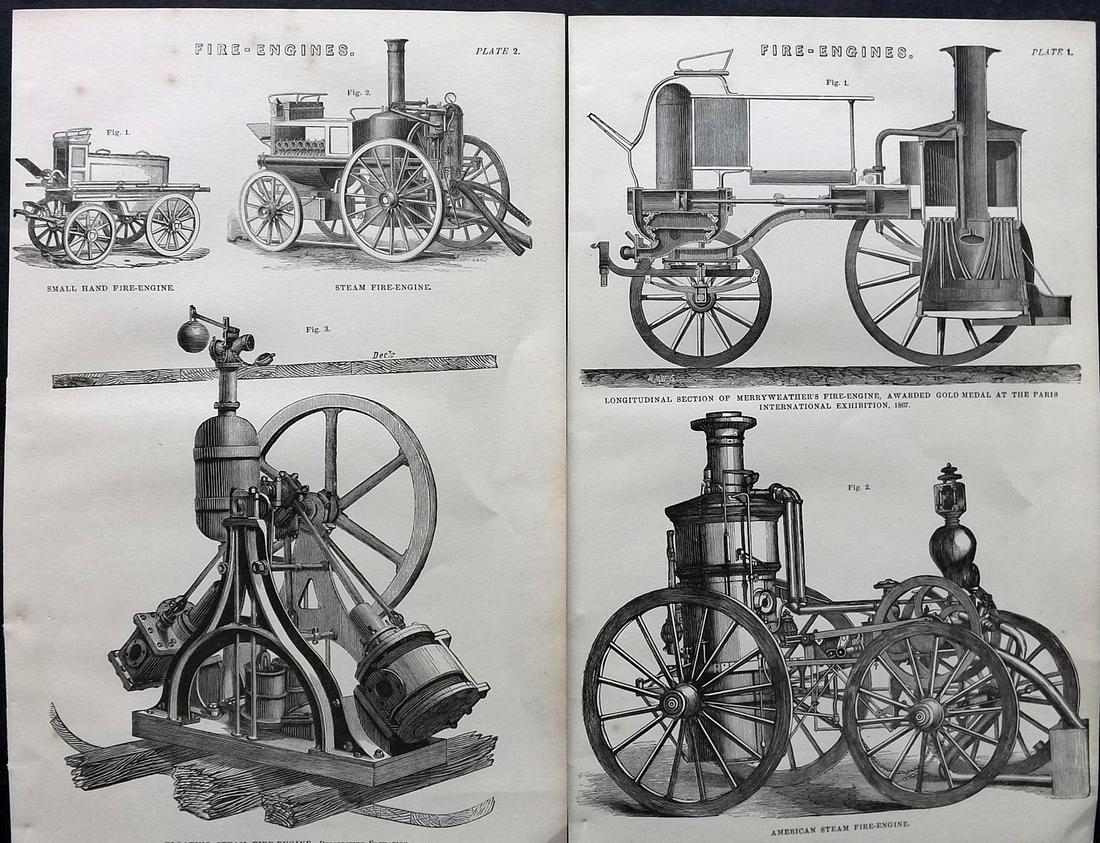 National Encyclopedia 1891 Pair of Prints. Fire Engines, American etc (1 of 2)