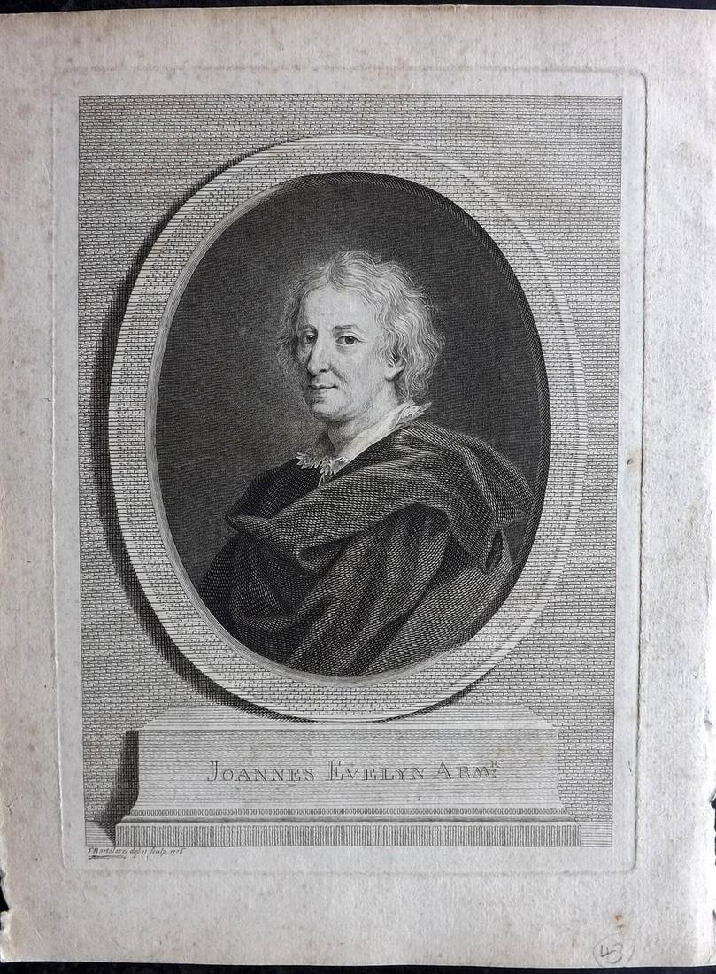 Evelyn, John 1786 Portrait of Evelyn by Bartolozzi: Copper Plate Published 1786, London & York for "Silva: Or, A Discourse of Forest-Trees..." by John Evelyn. Drawn & Engraved by John Miller. Paper Size: 12 x 9 inch (30 x 23cm)