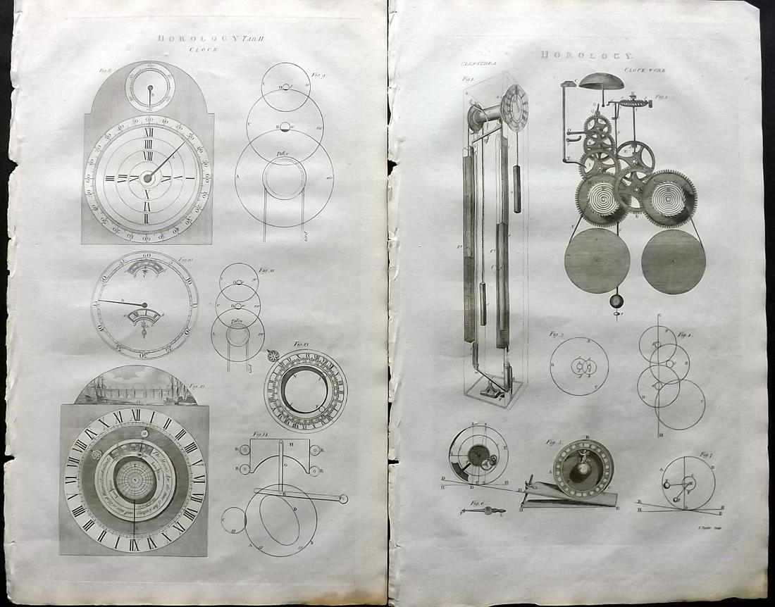 Chambers & Rees 1788 Pair of Folio Prints. Horology Clocks: Folio Copper Plate Published 1788, London for "Cyclopaedia: Or, an Universal Dictionary of Arts and Sciences" by Ephraim Chambers and Abraham Rees. Paper Size: 16.5 x 10 inch (42 x 25cm) Good Conditio