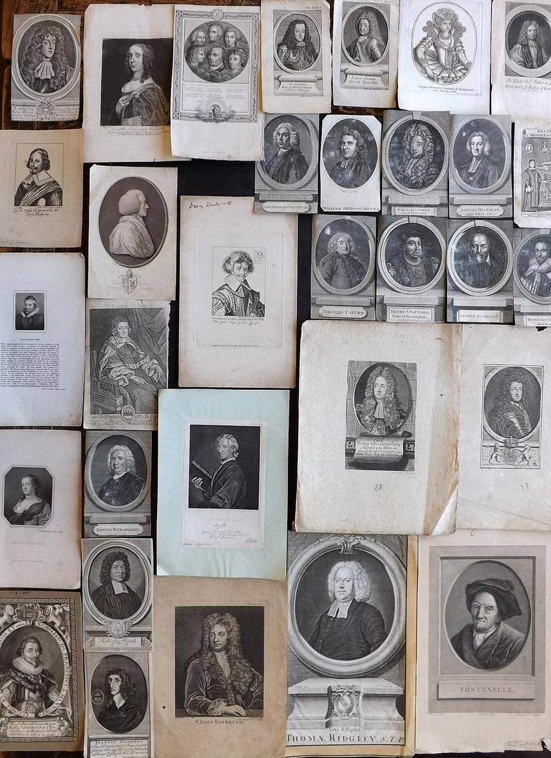 Portraits C1680-C1820 Lot of 31 Copper Engraved: Lot of 22 Copper and Stipple Engraved Portraits. British and Foreign. Mostly published in London, some European. Paper Size: Up to 12.5 x 9.5 inch (32 x 24cm) Some faults - Trimmed margins, margin tea