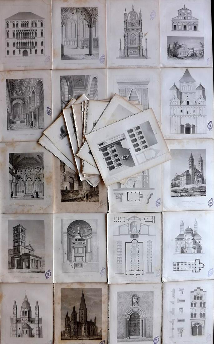 Gailhabaud, Jules 1850 Lot of 34 Architecture & Monument Prints (Library Stamps): Mostly Italy/Sicily, France, and Germany. Also Egypt, UK, Switzerland, and Turkey/Greece. Steel Engravings Published 1850, Paris for "Monuments Anciens et Modernes" by Jules Gailhabaud. Paper Size: 12