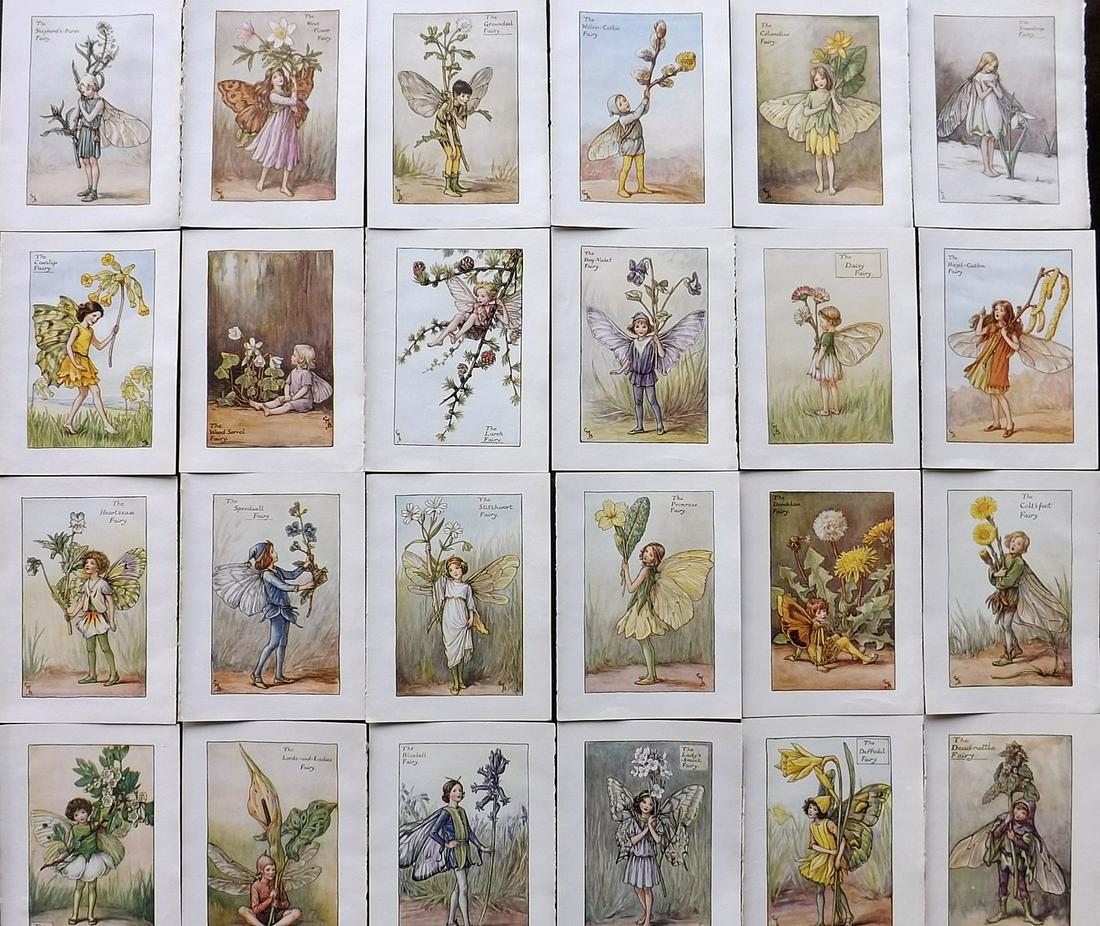 Barker, Cicely Mary C1940 Lot of 24 Flower-Fairy Prints - Spring: Spring Fairies. Lithographs Published C1935-45 by Blackie & Son, London & Glasgow for the "Flower-Fairies" Series by Cicely Mary Barker. Reverse side blank. Paper Size: 5.5 x 4 inch (14 x 10cm) Good C