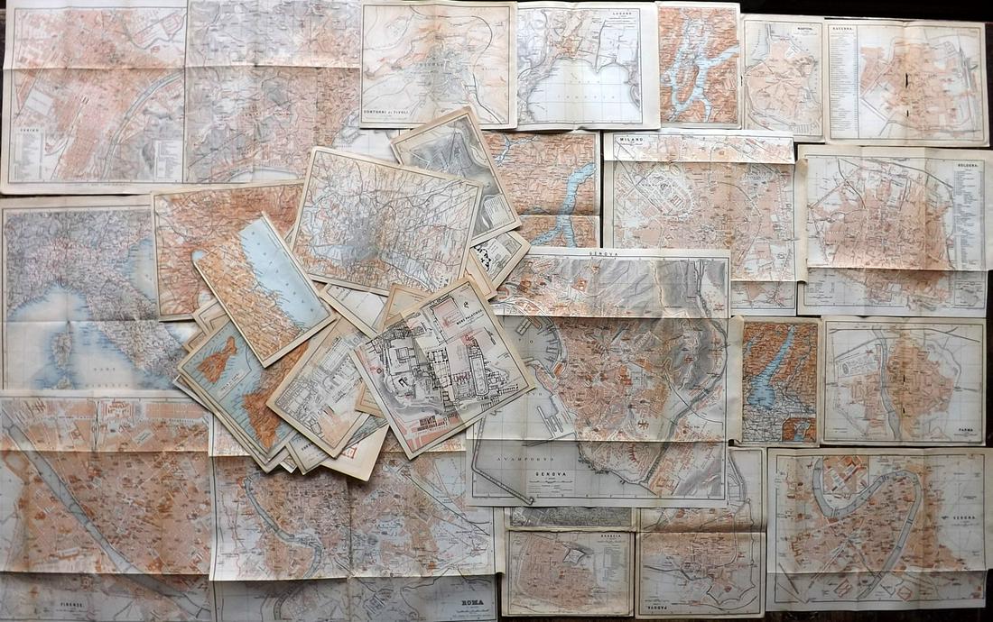 Baedeker, Karl 1901 Lot of 38 Antique Maps. Italy: Lithograph Maps Published 1901, Leipzig for "L'Italie des Alpes a Naples" by Karl Baedeker. Folds as issued. Paper Size: Up to 13 x 12 inch (33 x 31cm) Good Condition