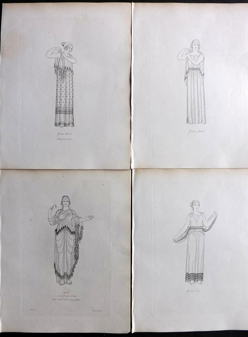 Hope, Thomas 1809 Lot of 4 Ancient Costume Prints. Deluxe Edition: Etching Published 1809, London for "Costume of the Ancients" by Thomas Hope. Deluxe Large Paper Edition. Paper Size: 11 x 9 inch (28 x 23cm) Good Condition