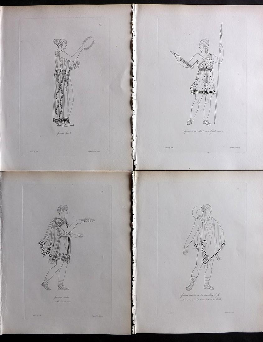 Hope, Thomas 1809 Lot of 4 Ancient Costume Prints. Deluxe Edition: Etching Published 1809, London for "Costume of the Ancients" by Thomas Hope. Deluxe Large Paper Edition. Paper Size: 11 x 9 inch (28 x 23cm) Good Condition