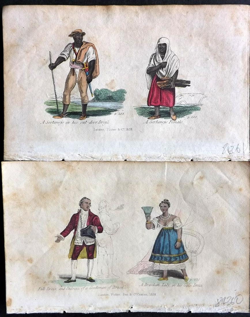 Adams, William 1828 Pair of Hand Col Print. Brazil Costume: Hand Colored Etching Published 1828, London for "The Modern Voyager & Traveller" William Adams. Paper Size: 6 x 3.5 inch (15.5 x 9cm) Toning present