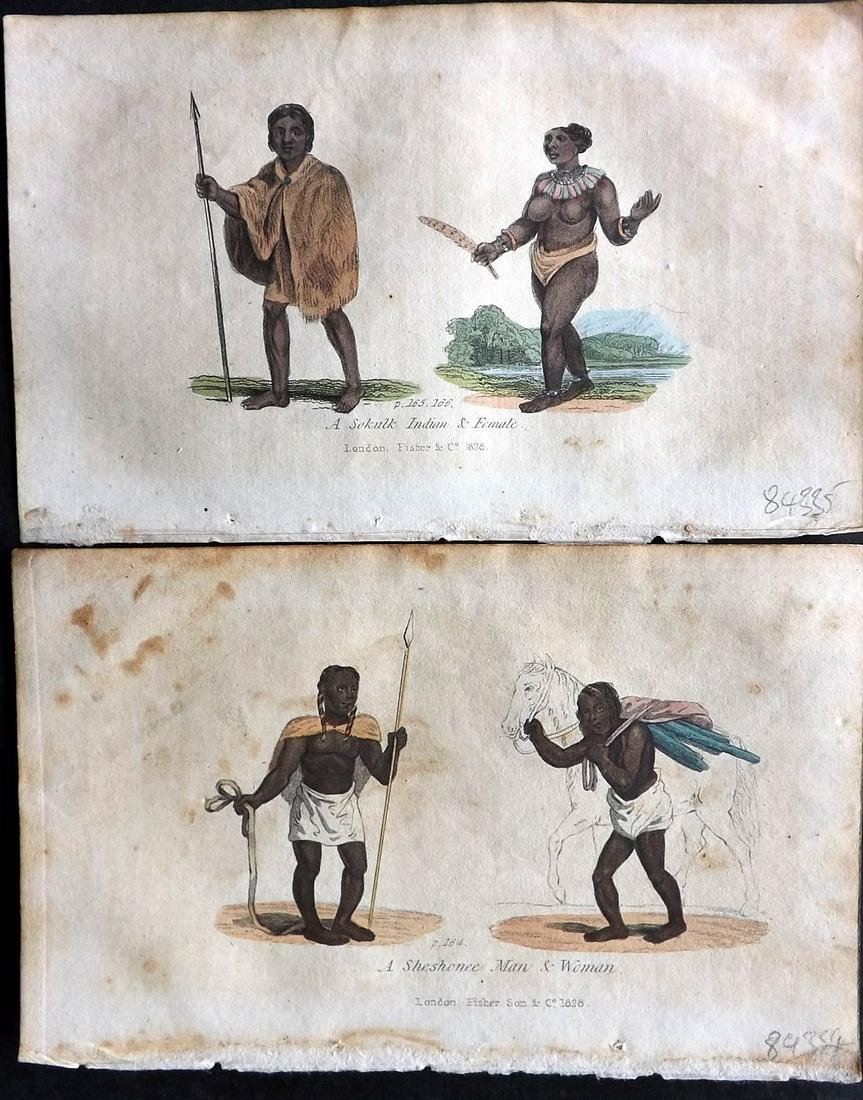 Adams, William 1828 Pair of Hand Col Print. USA Native Americans: "A Sheshonee Man & Woman" and "A Sokulk Indian & Female" Hand Colored Etching Published 1828, London for "The Modern Voyager & Traveller" William Adams. Paper Size: 6 x 3.5 inch (15.5 x 9cm) Toning pr