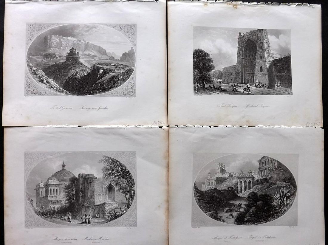 Payne, A. H. 1851 Lot of 4 Antique Prints. India: Incl Gwalior, Mosques Futtehpoor & Mounheer, and Tomb Tionpoor. Steel Engravings Published 1851, Dresden & Leipzig for "Payne's Orbis Pictus, Or Book of Beauty for Every Table" by A. H. Payne. Paper S