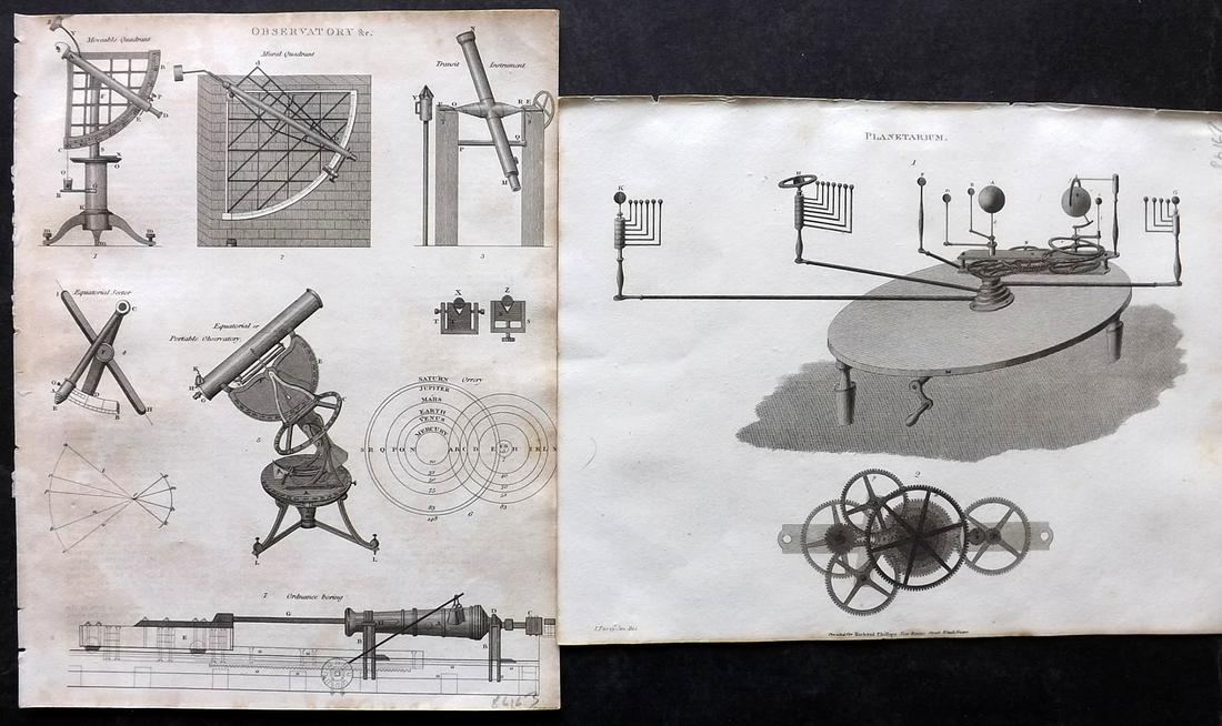 Gregory, G. 1806 Pair of Astronomy Prints. Planetarium & Observatory: Copper Plates Published 1806, London for "A Dictionary of Arts and Sciences" by G. Gregory. Paper Size: 10.5 x 8 inch (27 x 21cm) Observatory with toning, otherwise fine