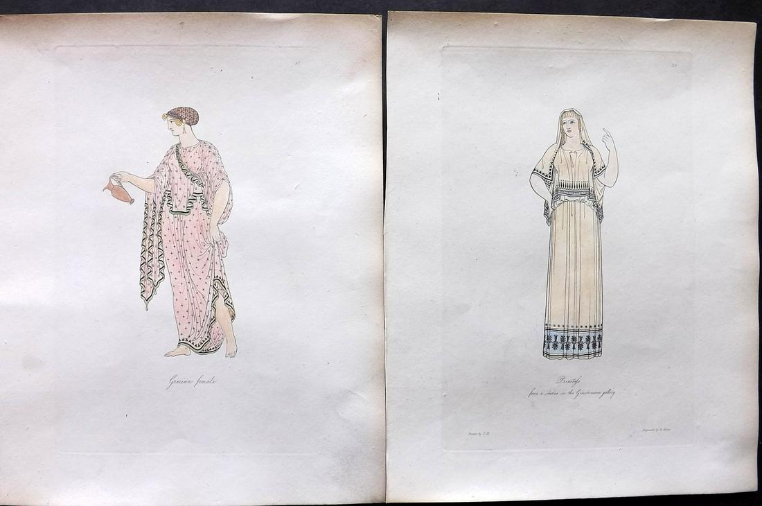 Hope, Thomas 1809 Pair of Hand Col Ancient Antiquities Prints. Deluxe Edition: Hand Colored Etching Published 1809, London for "Costume of the Ancients" by Thomas Hope. Deluxe Large Paper Edition. Paper Size: 11 x 9 inch (28 x 23cm) Good Condition