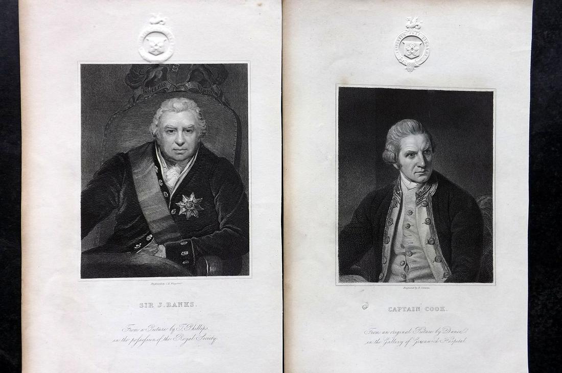 Knight, Charles 1830's Pair of Portraits. Captain Cook & Jospeh Banks, Australia: Steel Engravings Published 1833-37 by Charles Knight & The SDUK, London for "The Gallery Of Portraits: With Memoirs" Paper Size: 10 x 7 inch (26 x 19cm) Approx. Discrete library blindstamp in top marg