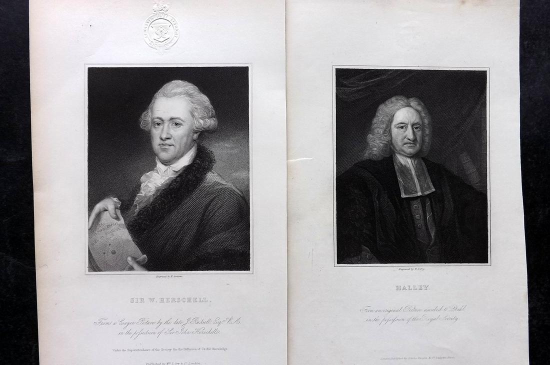 Knight, Charles 1830's Pair of Portraits. Halley & Herschell, Astronomy: Steel Engravings Published 1833-37 by Charles Knight & The SDUK, London for "The Gallery Of Portraits: With Memoirs" Paper Size: 10 x 7 inch (26 x 19cm) Approx. Discrete library blindstamp in top marg
