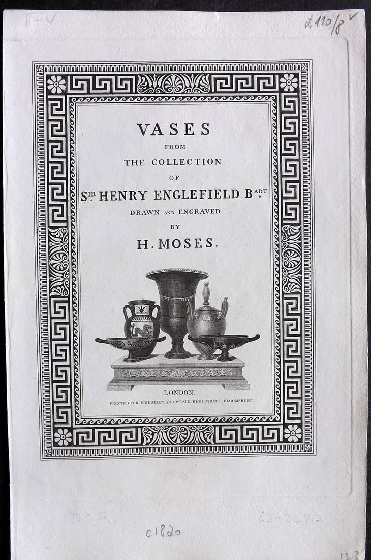 Moses & Englefield 1820 Antique Vase Print. Engraved Title: Etching Published 1819-20, London for "Vases from The Collection of Sir. Henry Englefield Bart" Drawn and Engraved Henry Moses.Paper Size: 10.5 x 6.5 inch (27 x 16.5cm) Good Condition
