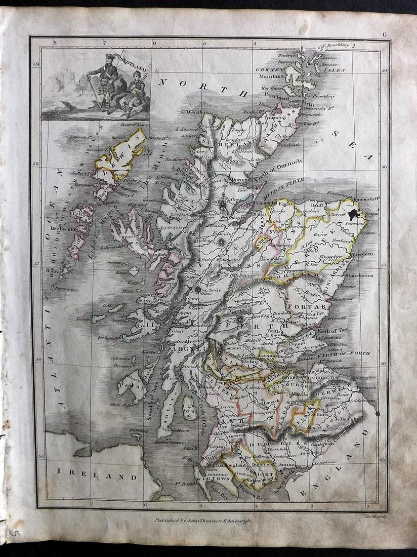 Thomson, John (Pub) 1825 Map. Scotland: Copper Engraved Map Published 1825 by John Thomson, Edinburgh for "The Edinburgh School Atlas" by N. R. Hewitt. Maps Engraved by Hewitt. Original Outline Hand Colour. Rare. Paper Size: 10.5 x 8 inch (