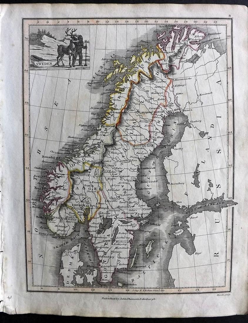 Thomson, John (Pub) 1825 Map. Sweden: Copper Engraved Map Published 1825 by John Thomson, Edinburgh for "The Edinburgh School Atlas" by N. R. Hewitt. Maps Engraved by Hewitt. Original Outline Hand Colour. Rare. Paper Size: 10.5 x 8 inch (