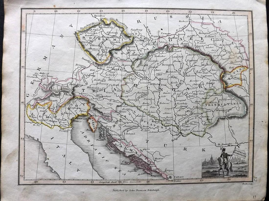 Thomson, John (Pub) 1825 Map. Austria Dominions: Copper Engraved Map Published 1825 by John Thomson, Edinburgh for "The Edinburgh School Atlas" by N. R. Hewitt. Maps Engraved by Hewitt. Original Outline Hand Colour. Rare. Paper Size: 10.5 x 8 inch (