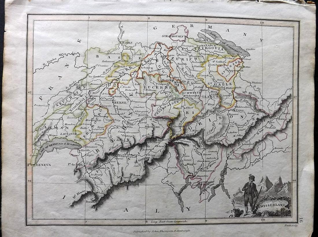 Thomson, John (Pub) 1825 Map. Swisserland. Switzerland: Copper Engraved Map Published 1825 by John Thomson, Edinburgh for "The Edinburgh School Atlas" by N. R. Hewitt. Maps Engraved by Hewitt. Original Outline Hand Colour. Rare. Paper Size: 10.5 x 8 inch (