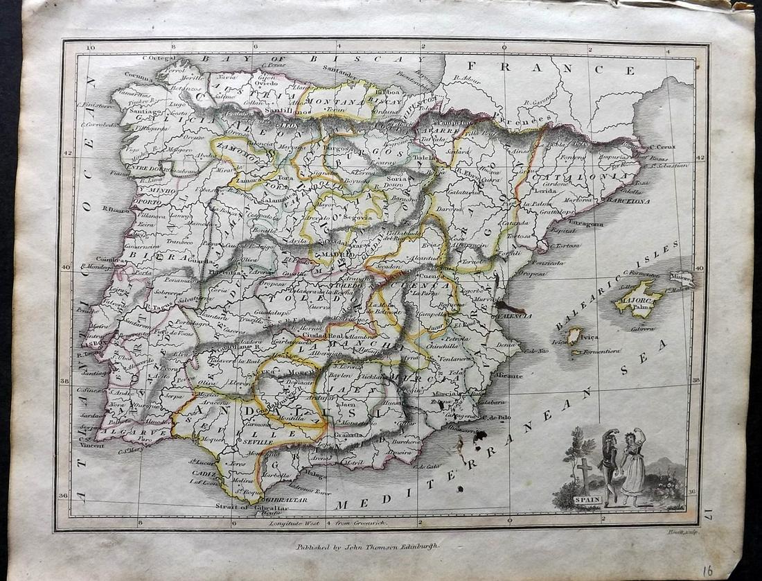Thomson, John (Pub) 1825 Map. Spain: Copper Engraved Map Published 1825 by John Thomson, Edinburgh for "The Edinburgh School Atlas" by N. R. Hewitt. Maps Engraved by Hewitt. Original Outline Hand Colour. Rare. Paper Size: 10.5 x 8 inch (