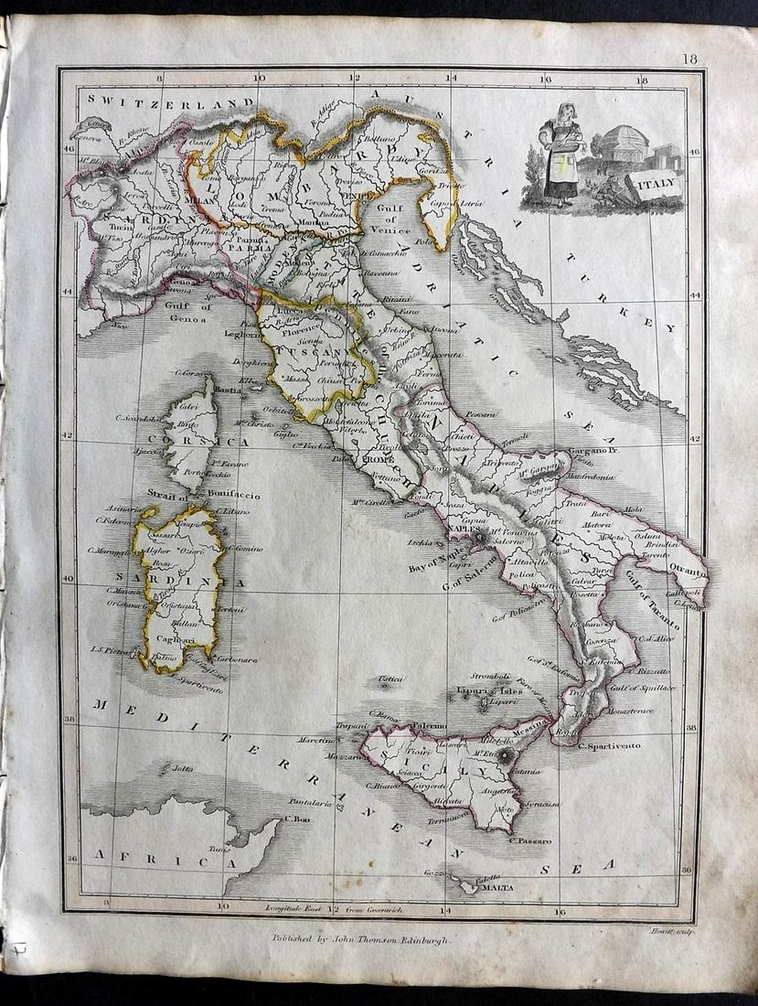 Thomson, John (Pub) 1825 Map. Italy: Copper Engraved Map Published 1825 by John Thomson, Edinburgh for "The Edinburgh School Atlas" by N. R. Hewitt. Maps Engraved by Hewitt. Original Outline Hand Colour. Rare. Paper Size: 10.5 x 8 inch (