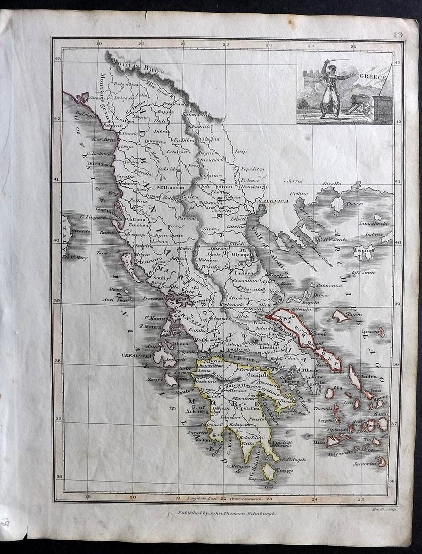Thomson, John (Pub) 1825 Map. Greece: Copper Engraved Map Published 1825 by John Thomson, Edinburgh for "The Edinburgh School Atlas" by N. R. Hewitt. Maps Engraved by Hewitt. Original Outline Hand Colour. Rare. Paper Size: 10.5 x 8 inch (