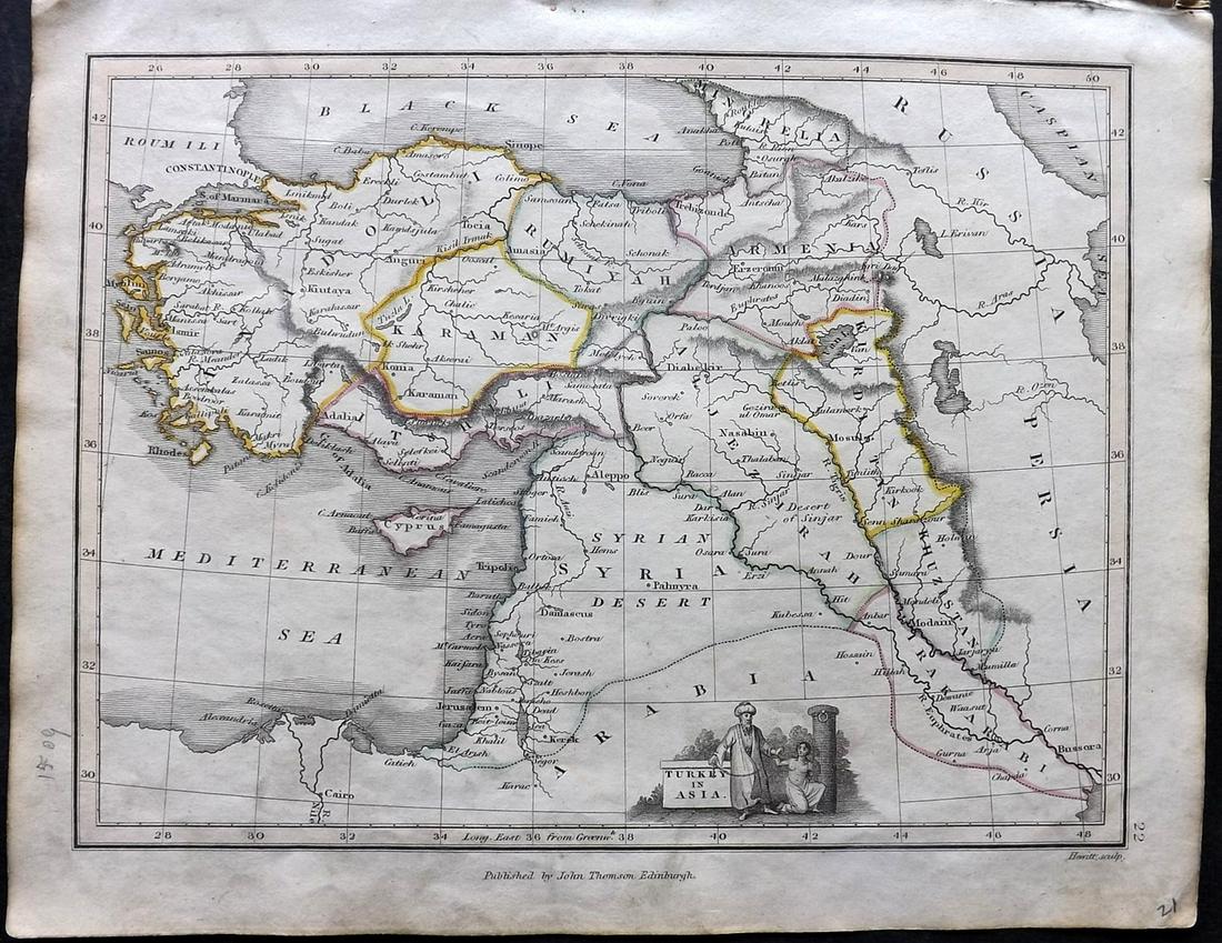 Thomson, John (Pub) 1825 Map. Turkey in Asia: Copper Engraved Map Published 1825 by John Thomson, Edinburgh for "The Edinburgh School Atlas" by N. R. Hewitt. Maps Engraved by Hewitt. Original Outline Hand Colour. Rare. Paper Size: 10.5 x 8 inch (