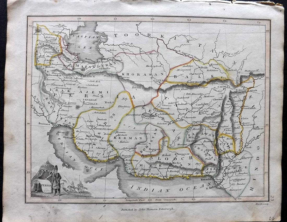 Thomson, John (Pub) 1825 Map. Persia Iran: Copper Engraved Map Published 1825 by John Thomson, Edinburgh for "The Edinburgh School Atlas" by N. R. Hewitt. Maps Engraved by Hewitt. Original Outline Hand Colour. Rare. Paper Size: 10.5 x 8 inch (