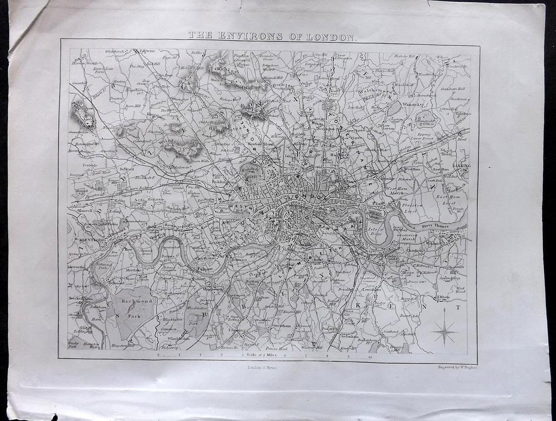 Moule, Thomas C1840 British Map. Environs of London: Steel Engraved Map Published C1840, London for "A Complete and Universal English Dictionary" by the Rev. James Barclay et al. Maps by Thomas Moule. Paper Size: 10.5 x 8 inch (27 x 21cm) Small top marg