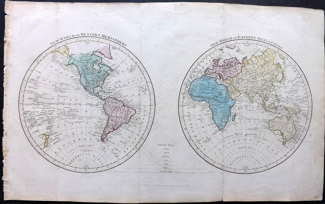 Russell & Barclay 1838 Hand Col Map. World Hemispheres (1 of 2)