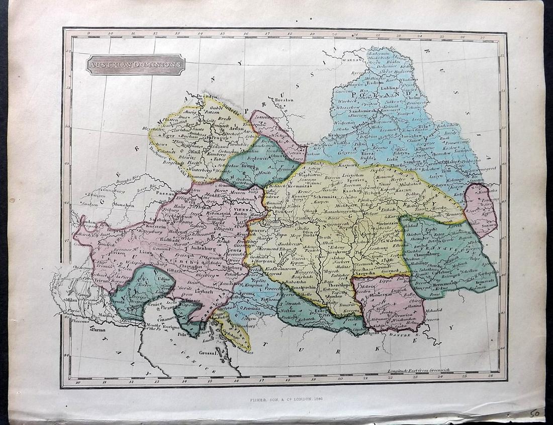 Russell & Barclay 1840 Hand Col Map. Austrian Dominions: Hand Colored Copper Engraved Map Published 1823-40, by Fisher & Son, "A Complete Atlas of the World" by John Russell et al. A Very Rare Work which is compiled from the same plates used in different ed