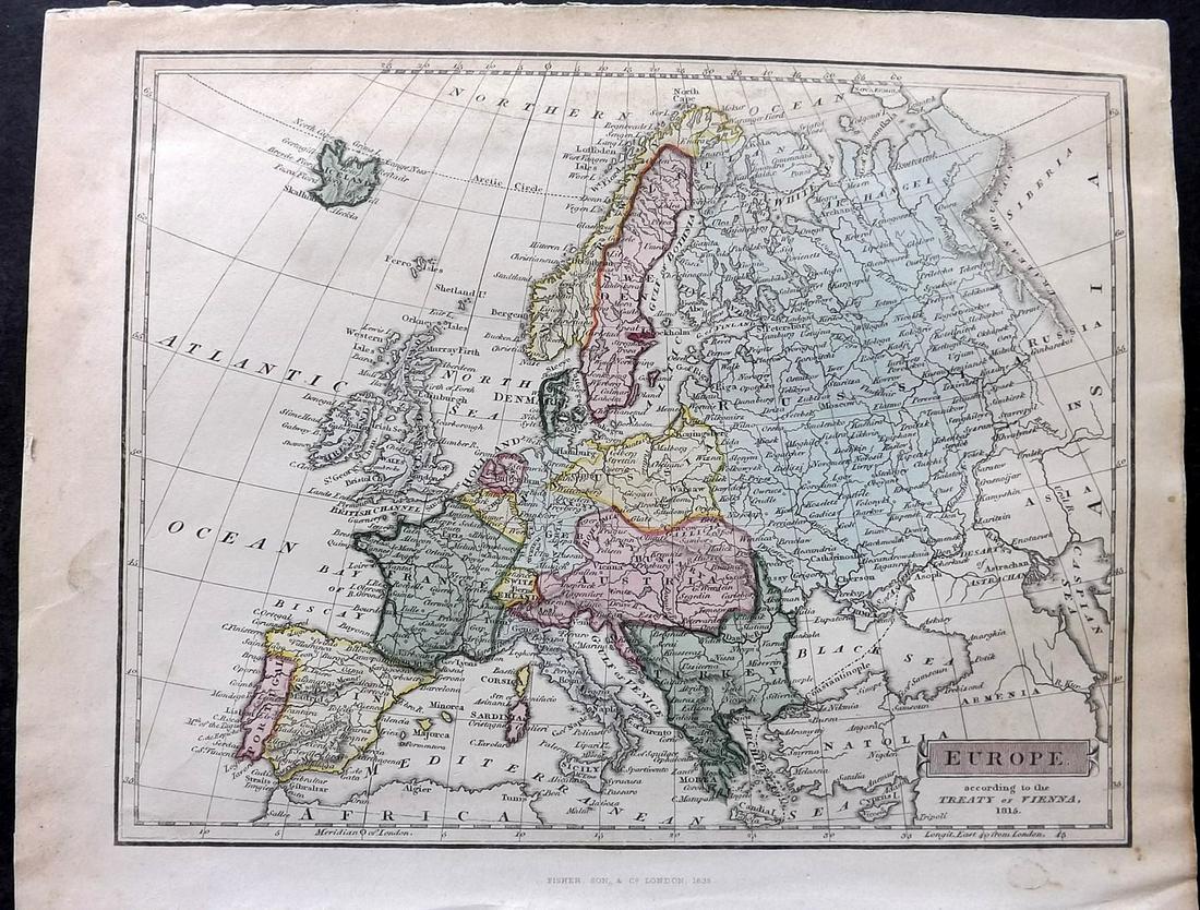 Russell & Barclay 1835 Hand Col Map. Europe: Hand Colored Copper Engraved Map Published 1823-40, by Fisher & Son, "A Complete Atlas of the World" by John Russell et al. A Very Rare Work which is compiled from the same plates used in different ed