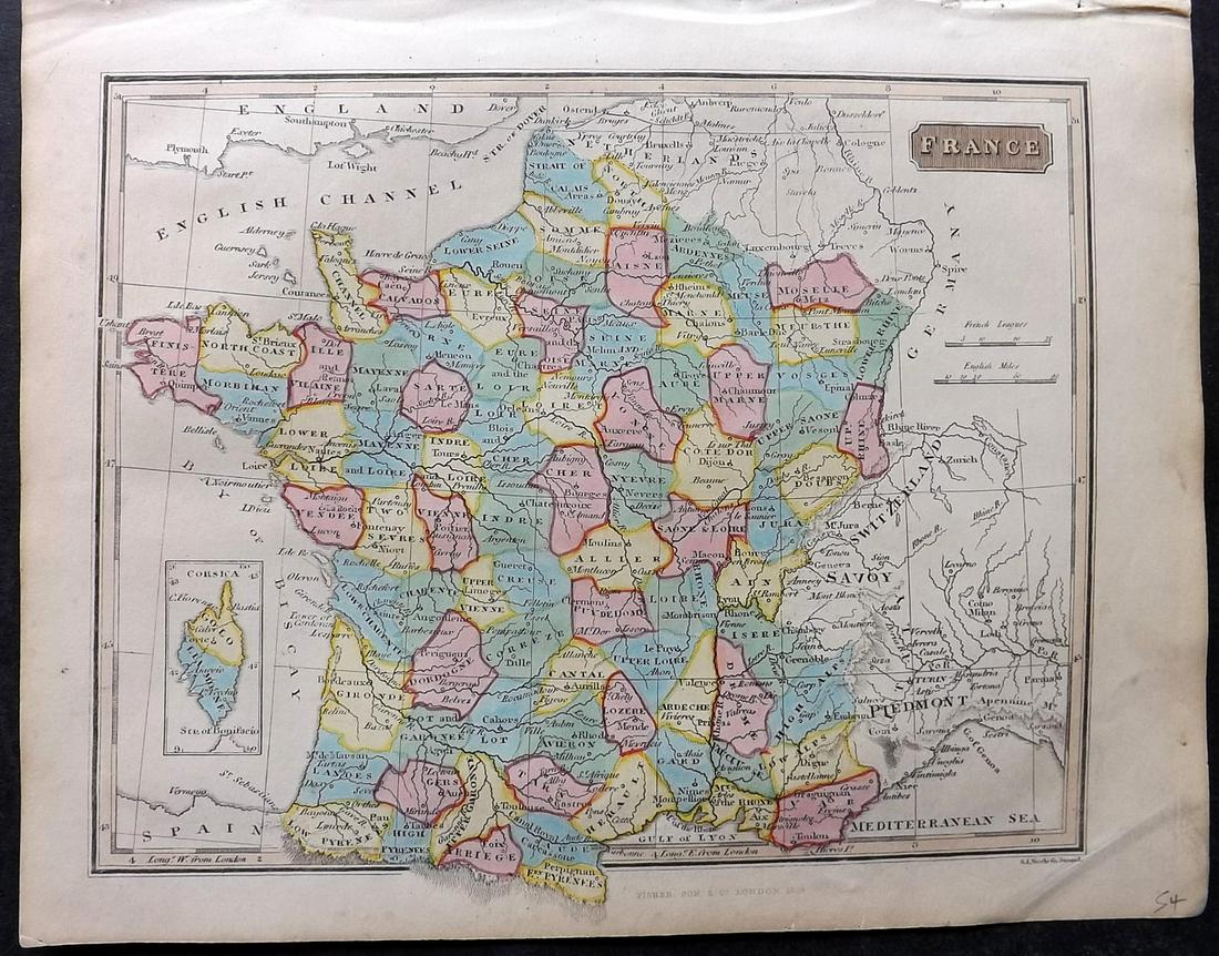 Russell & Barclay 1839 Hand Col Map. France: Hand Colored Copper Engraved Map Published 1823-40, by Fisher & Son, "A Complete Atlas of the World" by John Russell et al. A Very Rare Work which is compiled from the same plates used in different ed