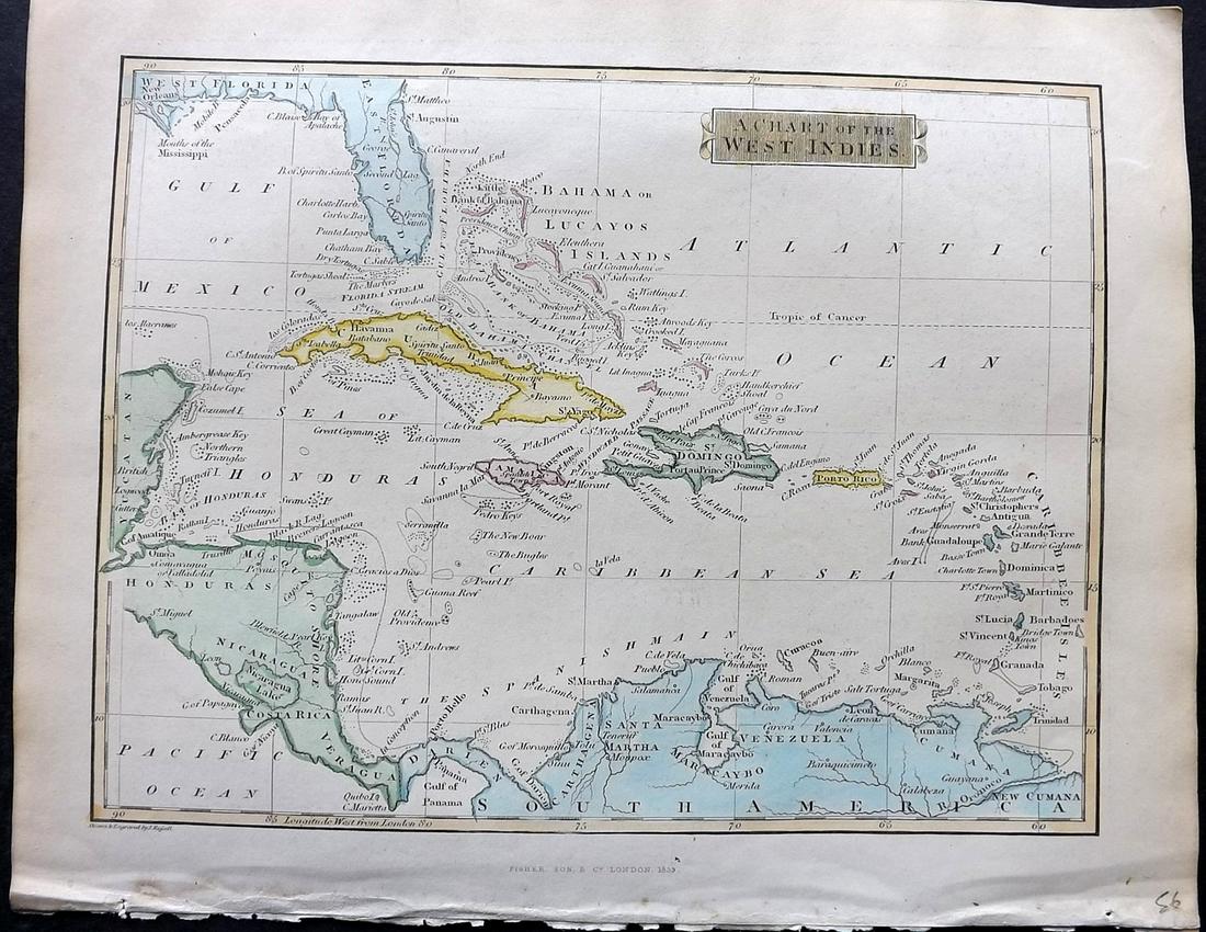 Russell & Barclay 1839 Hand Col Map. Chart of the West Indies. Caribbean: Hand Colored Copper Engraved Map Published 1823-40, by Fisher & Son, "A Complete Atlas of the World" by John Russell et al. A Very Rare Work which is compiled from the same plates used in different ed