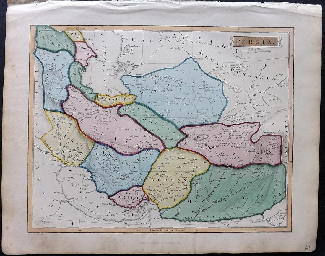 Russell & Barclay 1838 Hand Col Map. Persia Iran: Hand Colored Copper Engraved Map Published 1823-40, by Fisher & Son, "A Complete Atlas of the World" by John Russell et al. A Very Rare Work which is compiled from the same plates used in different ed