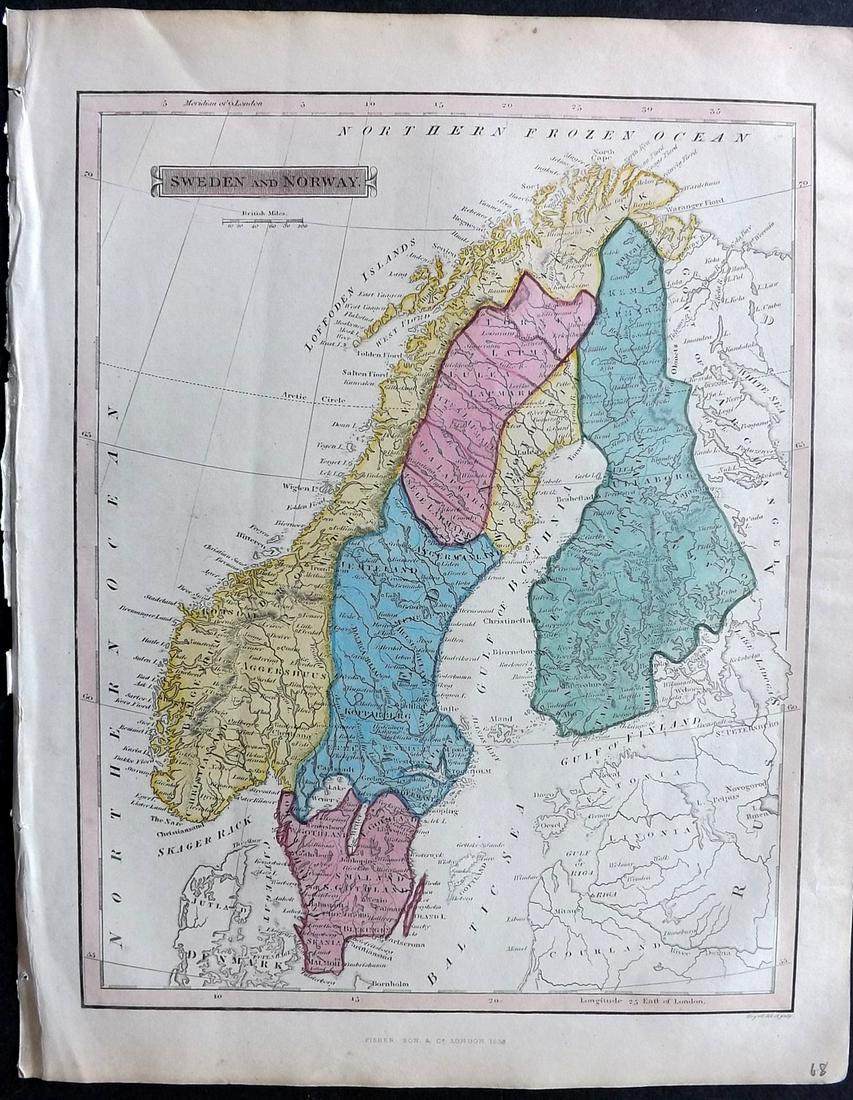 Russell & Barclay 1839 Hand Col Map. Sweden and Norway: Hand Colored Copper Engraved Map Published 1823-40, by Fisher & Son, "A Complete Atlas of the World" by John Russell et al. A Very Rare Work which is compiled from the same plates used in different ed